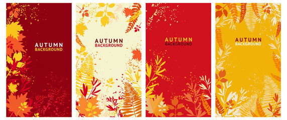 Autumn vector set of abstract backgrounds, bright banners, posters, cover design templates, social media wallpaper stories with yellow and orange leaves