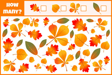 Educational mathematical game. Count the number of leaves. Count how many leaves. Autumn leaves. Counting game for children.