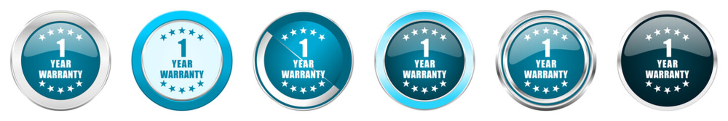 Aufkleber - Warranty guarantee 1 year silver metallic chrome border icons in 6 options, set of web blue round buttons isolated on white background