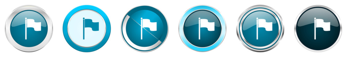 Leinwandbilder - Flag silver metallic chrome border icons in 6 options, set of web blue round buttons isolated on white background