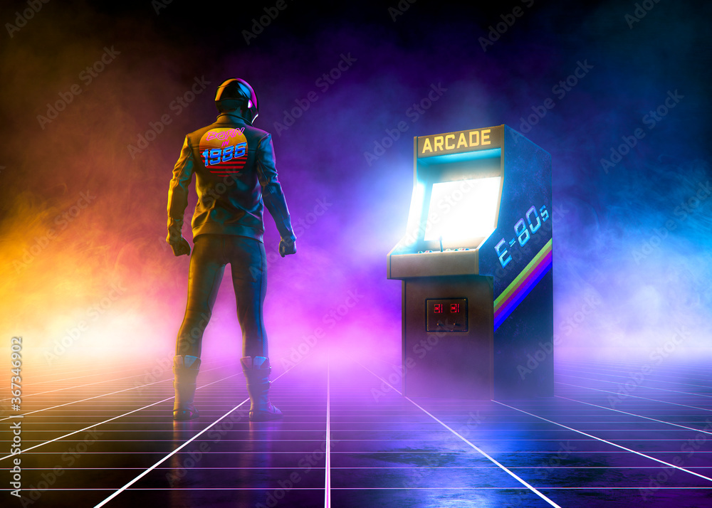 Cyberpunk biker stands near an 80s cabinet arcade videogame on a grid pattern floor on synthwave atmosphere with fog - concept art -3D Rendering - obrazy, fototapety, plakaty 