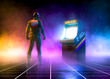 Cyberpunk biker stands near an 80s cabinet arcade videogame on a grid pattern floor on synthwave atmosphere with fog - concept art -3D Rendering