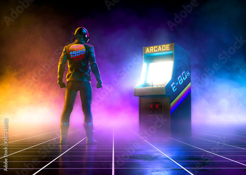 Fotomural Cyberpunk biker stands near an 80s cabinet arcade videogame on a grid pattern fl