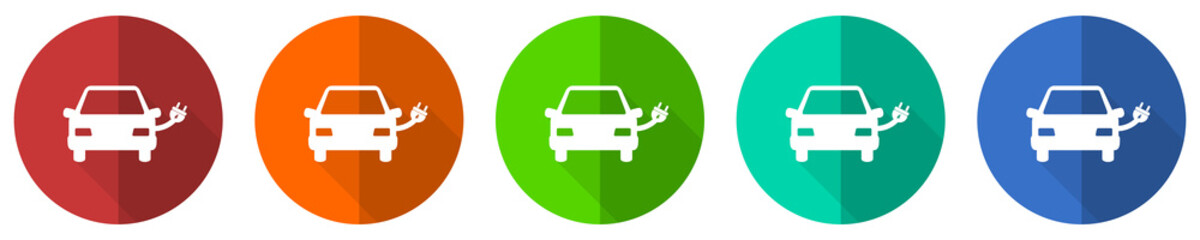 Fototapete - Electric car, power icon set, red, blue, green and orange flat design web buttons isolated on white background, vector illustration