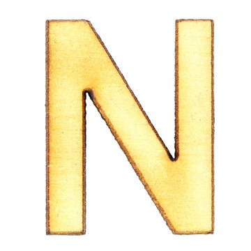 Letter N made of wood or plywood on a white background, isolate, english alphabet, close-up.