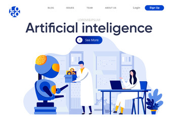 Artificial intelligence flat landing page. Scientists working in modern technical laboratory vector illustration. Machine learning, smart digital technology web page composition with people characters