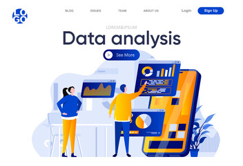 Leinwandbilder - Data analysis flat landing page. People using mobile application with business analytics on screen vector illustration. Online financial data analysis web page composition with people characters.