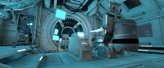 spaceship command post. futuristic 3d illustration with high attention to detail. space wallpaper.