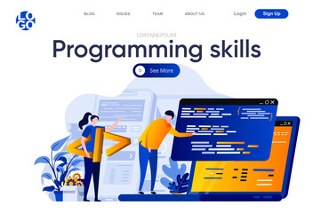 Poster - Programming skills flat landing page. Developers team creating, testing and programming computer application vector illustration. Software development web page composition with people characters.