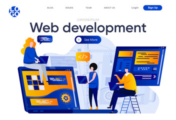 Poster - Web development flat landing page. Creative team of designers and developers work together vector illustration. Full stack development, software engineering web page composition with people characters