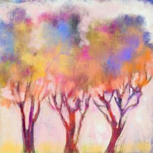 Hand Painted Abstract Impressionist Blooming Trees Painting With Multicolored Flowers And Leaves For Decorative Background, Design And Posters, Painted With Watercolor Guache Effect, One Of A Kind.