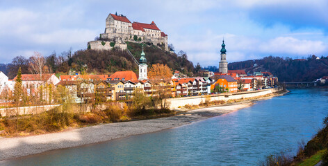 Poster - Travel in Germany (Bavaria)-beautiful medieval town Burghausen with biggest castle in Europe. Border with Austria