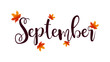 lettering illustraion in english, brown text, autumn postcard, september lettering, card with leaves, 1st september, school, fall poster