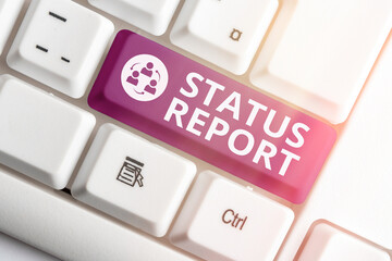 Poster - Handwriting text writing Status Report. Conceptual photo summarizes the particular situation as of a stated period Different colored keyboard key with accessories arranged on empty copy space