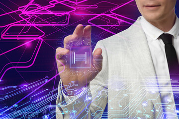 Poster - Multiple exposure of businessman touching chip, circuit board illustration and night cityscape, closeup