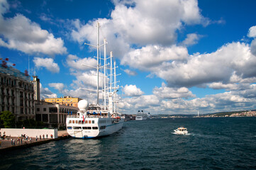 Poster - Luxury cruise ship in Bosporus against galata tower, Istanbul.