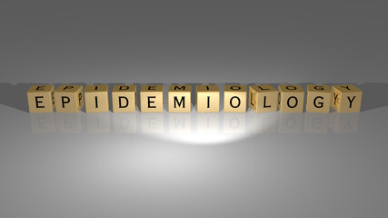 Wall Mural - 3D representation of Epidemiology with icon on the wall and text arranged by metallic cubic letters on a mirror floor for concept meaning and slideshow presentation. illustration and disease