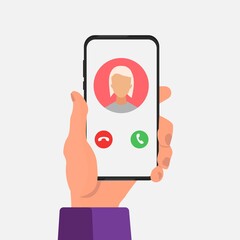 Poster - Male Hand Holding Cellphone With Incoming Call, White Background, Vector