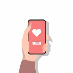 Poster - Female Hand Holding Phone With Like Icon, White Background, Illustration