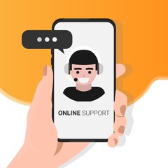 Poster - Hand Holding Smartphone With Opened Virtual Assistant, Yellow Background, Illustration