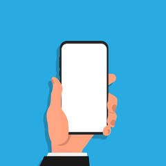 Poster - Hand Holding Phone With Empty Screen, Blue Background, Vector Illustration
