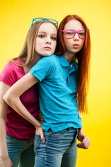 lifestyle people concept: two pretty young school teenage girls having fun happy smiling on yellow background wearing glasses