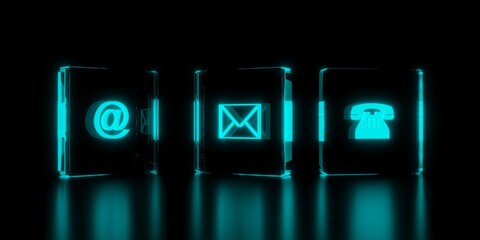 Telephone, envelope letter and e-mail symbols glowing in glass blocks on black background, contact us or communication concept