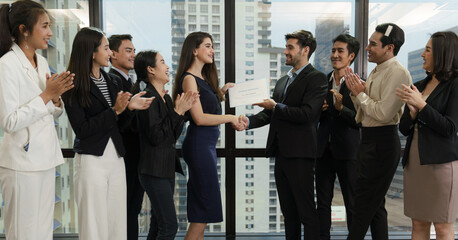 ceremony of business people receiving business certificate