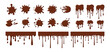 Chocolate streams dripping, blob set. Current splatter melted chocolate, decorative shapes liquids. Stain shape collection, splashes drops, cartoon flat spatters. Isolated vector illustration