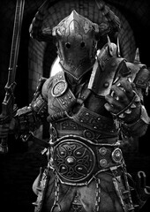 Wall Mural - Savage deadly battle warrior wearing heavy armor and equipped with a sword . Fantasy themed character. 3d Rendering in black and white