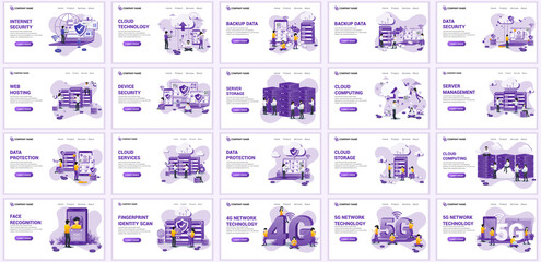 Set of landing page design templates, Big collection concept of cloud computing, digital storage, backup data flat vector illustration. can use for web banner, infographics, landing page, web template