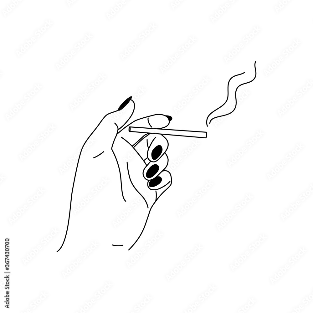 hand holding cigarette tattoo Woman hand is holding cigarette in a minimalistic linear style. Vector  illustration for printing t-shirt, poster, logo Stock Vector