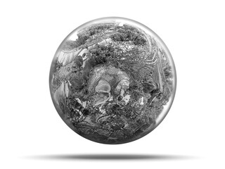 Wall Mural - 3d render of abstract black and white old deformed organic planet earth inside glass sphere with rou