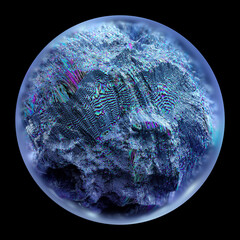 Wall Mural - 3d render of abstract art of surreal planet asteroid or organic mineral coral reef ball with rough surface in blue and purple line color inside, glass sphere with blur on the edges on black background