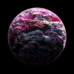 Wall Mural - 3d render of abstract art of surreal planet asteroid or organic mineral coral reef ball with rough surface in blue and purple color inside, glass sphere with blur on the edges on black background
