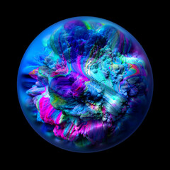 Wall Mural - 3d render of abstract art of surreal 3d planet or ocean life organism or coral reef inside glass sphere with blur effect on the edges in super intensive blue and purple color on black background