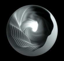 3d Render Of Abstract Art Of Mechanical Industrial 3d Glass Ball With Blur Effect On The Edges With Swirl Pattern Element In White Rough Plastic, In The Centre Glowing Light Core, On Black Background