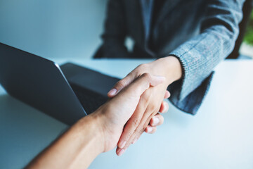 Wall Mural - Closeup image of two businesspeople shaking hands in office