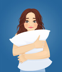 Portrait of shocked young woman holding pillow at night vector illustartion. Beautiful girl awake having insomnia.