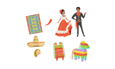 Wall Mural - Set of Mexico Latin America Symbols, Hispanic Man and Woman in Traditional Costumes, Cinco de Mayo Design Elements Cartoon Style Vector Illustration