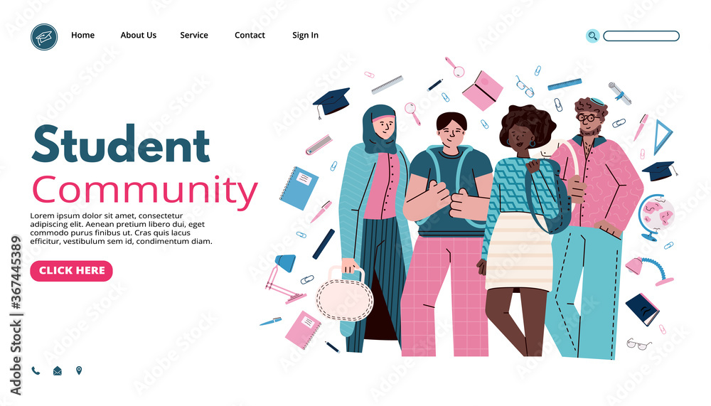 Student community banner with diverse friends group and stationery ...