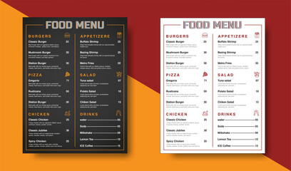 Minimalist vector menu design for cafes and restaurants with two different colors full editable templates.