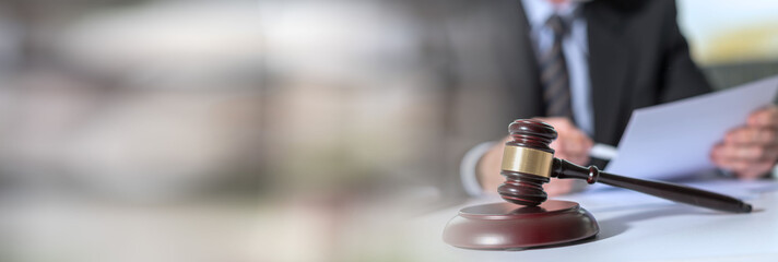 Lawyer reading legal document; panoramic banner