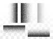 Grunge gradient spray horizontal and vertical textures set or stipple grainy transparent halftone sand vector background, splatter backdrop illustration
