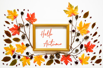 Wall Mural - golden frame with english text hello autumn. beautiful, colorful autumn leaf decoration with maple a