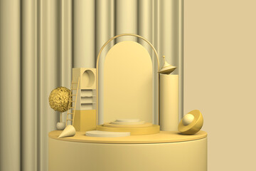 Poster - Abstract yellow product podium. Pastel light beige whiteboard presentation copy space, minimal geometric shapes. 3D rendering
