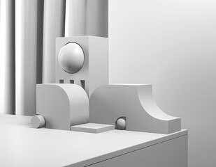 Poster - Abstract white product display. Pastel light gray pedestal advertising copy space, minimal geometric shapes. 3D rendering