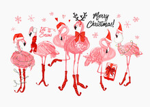 Pink Flamingo Christmas And Happy New Year Greeting Card. Santa And Deer Flamingo With Santa Hat, Scarf, Holidays Greetings Sign. Vector Watercolor Decoration On White Backdrop.