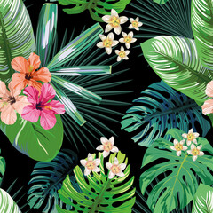 Wall Mural - Rose, beige and pink hibiscus flower on a background of palm, banana, monstera leaves and plumeria in a green vector style. Hawaiian tropical natural floral seamless pattern wallpaper
