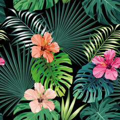 Wall Mural - Seamless exotic pattern with tropical palm, banana, monstera leaves and rose, beige and pink hibiscus flower on a black background green vector style. Hawaiian tropical natural floral wallpaper